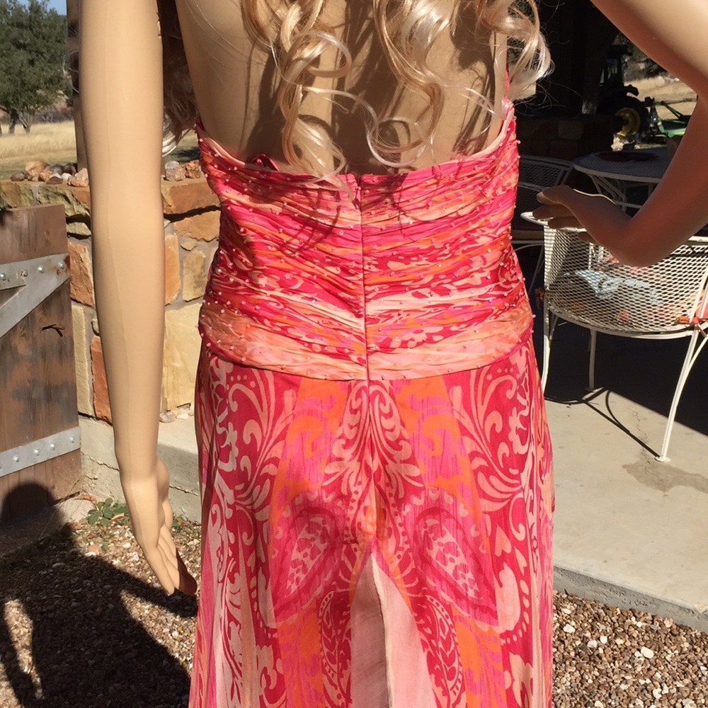HP🎉BADGLEY MISCHKA FORMAL SEXY PINK & ORANGE HALTER FLOWY MAXI DRESS WITH SCARF - Picture 8 of 9